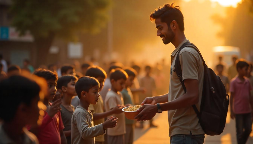 A packed meal being handed out